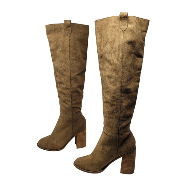 Oasis Society Vegan Faux Suede Knee-High Boots Sz 6.5 Tan Tall Heeled Riding - Picture 5 of 12